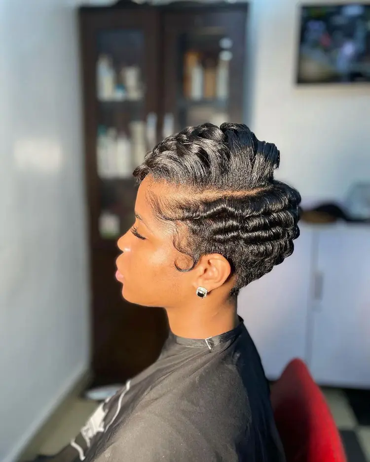 Side Part Pin Curls Pixie Cut Hairstyle
