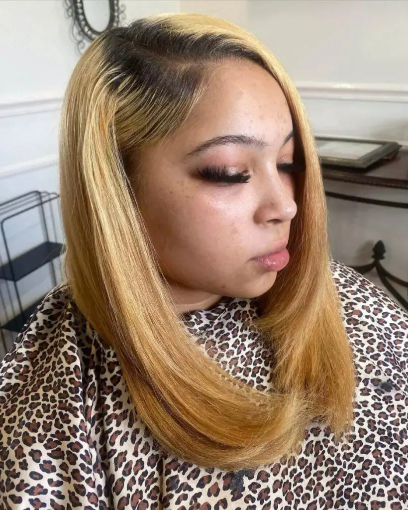 Honey Blonde Silk Press with Curve Ends